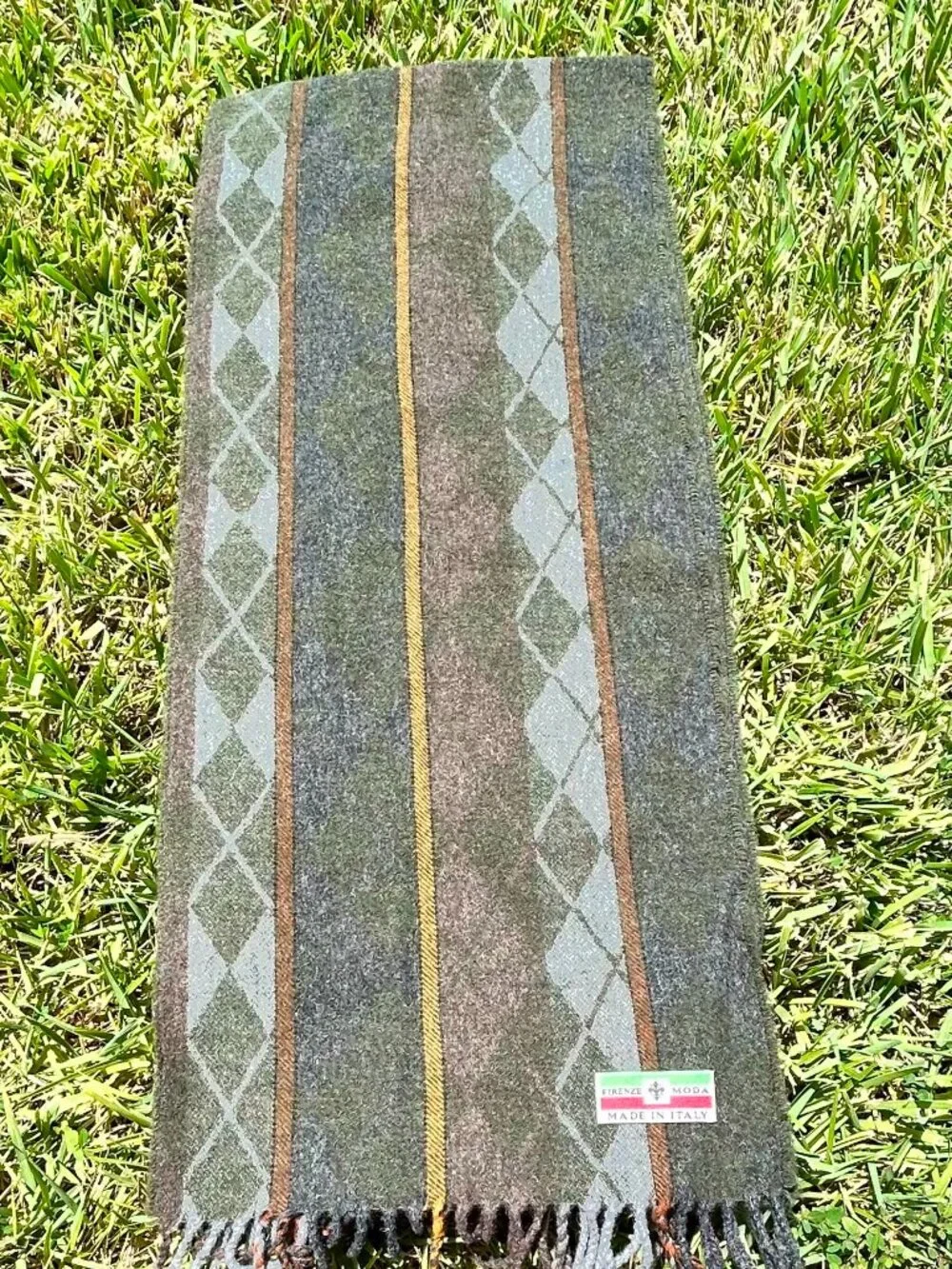 Firenze Moda 100% Pure Wool Argyle Scarf Green Gray Made in Italy NWOT 60x29